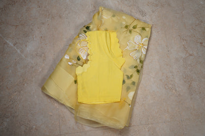 Hibiscus Painted Yellow Organza  Saree