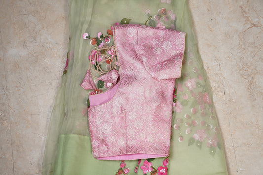 Cherry Blossoms Hand painted Olive Green Organza Saree