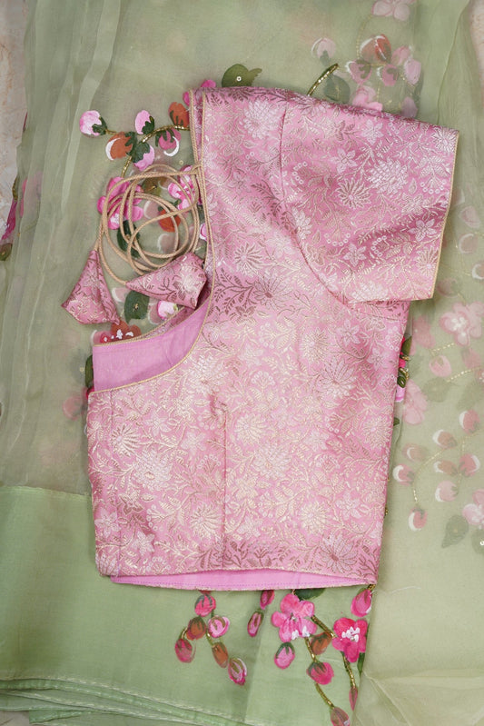 Cherry Blossoms Hand painted Olive Green Organza Saree