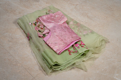 Cherry Blossoms Hand painted Olive Green Organza Saree