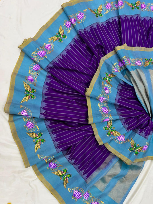 Purple with light blue border Gadwal Saree with Tanjore work