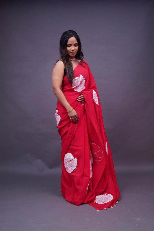 Crepe Soft Silk Red saree with white flowers