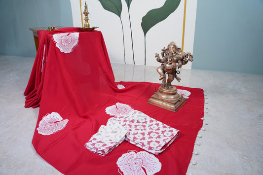Crepe Soft Silk Red saree with white flowers