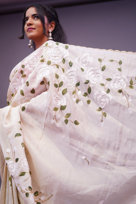 White Rose Hand Painted Organza Tissue Saree