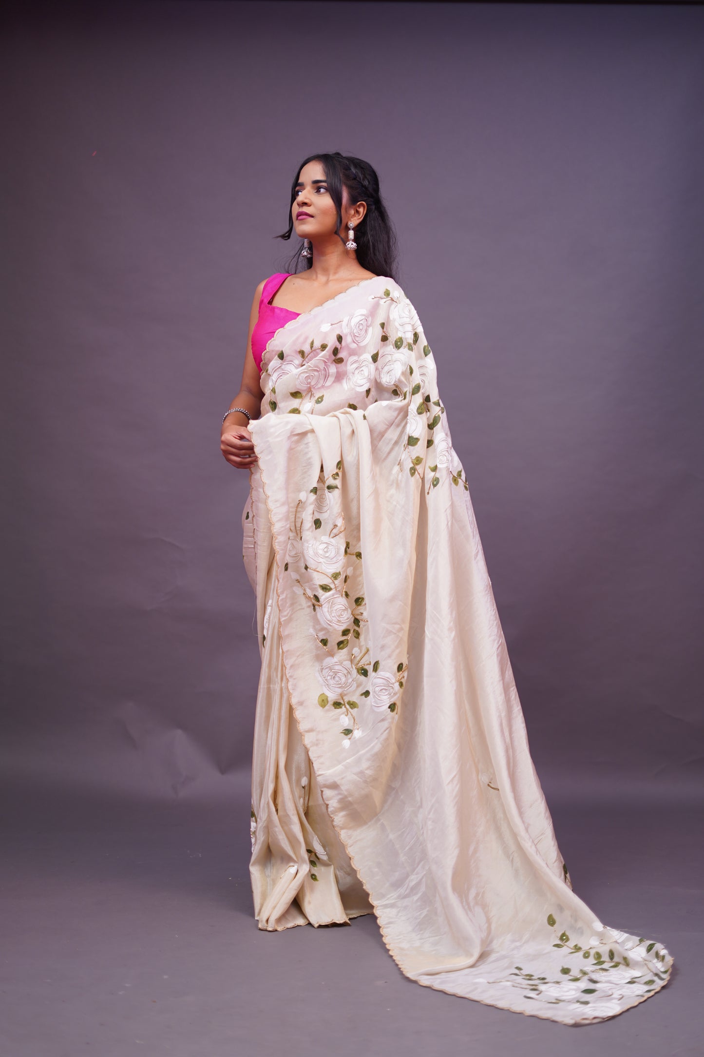 White Rose Hand Painted Organza Tissue Saree