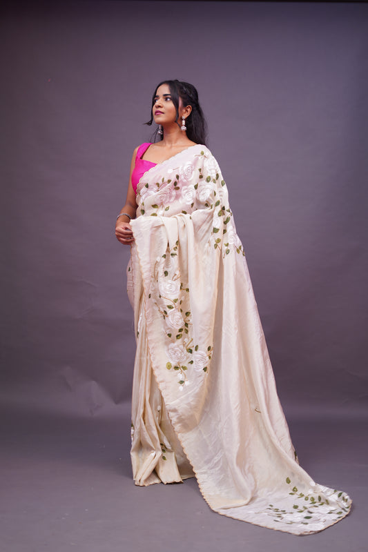 White Rose Hand Painted Organza Tissue Saree
