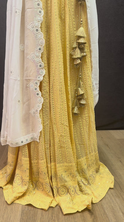 Sunny Yellow Embroidered Lehenga with White Dupatta