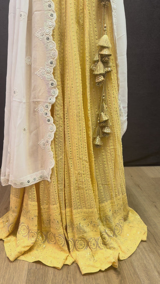 Sunny Yellow Embroidered Lehenga with White Dupatta