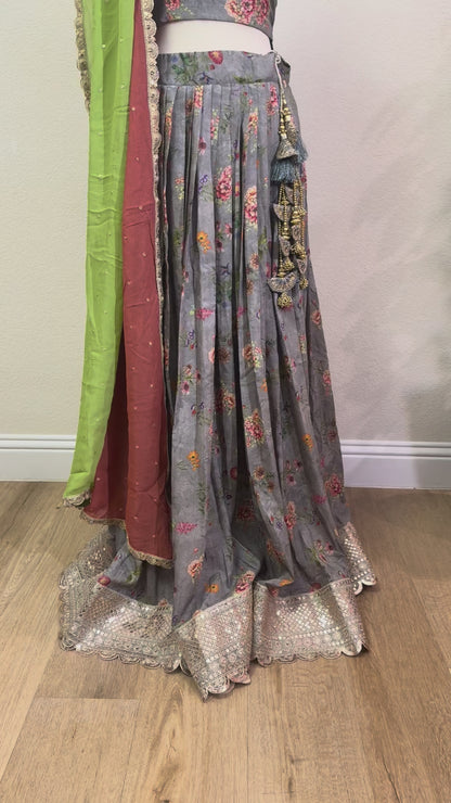 Grey Floral Printed Lehenga with Green Dupatta